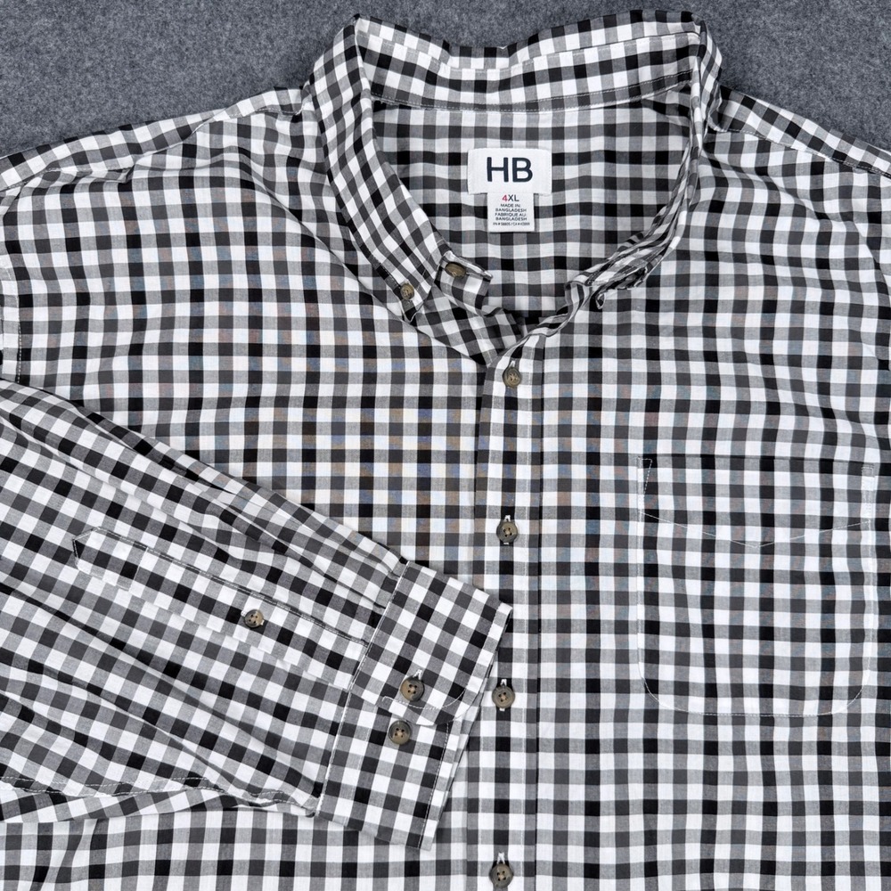 HB Mens 4XL Gingham Button Down Shirt Black White Check Long Sleeve Pocket
